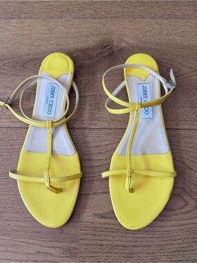 Jimmy Choo Yellow Leather T-Strap Sandals with Ankle Wrap